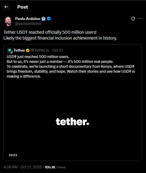 Tether users reached 500 million