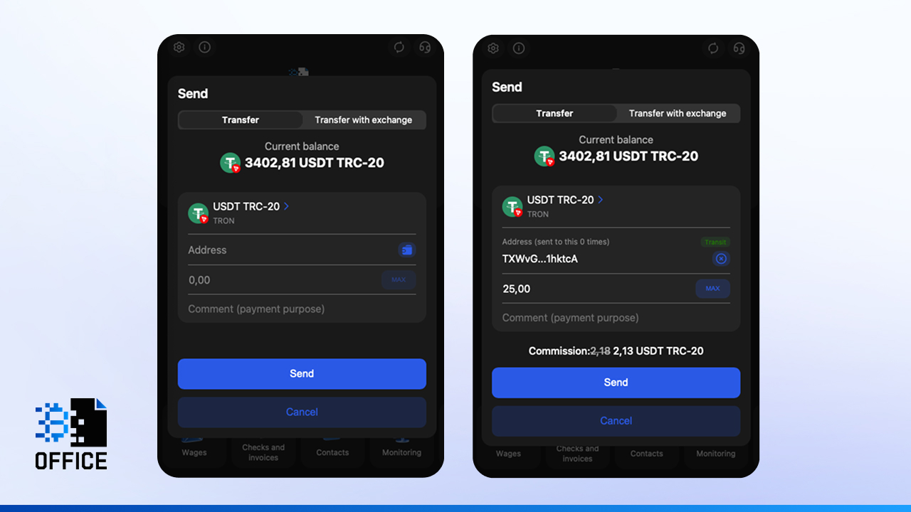 USDT TRC20 Sending Screen