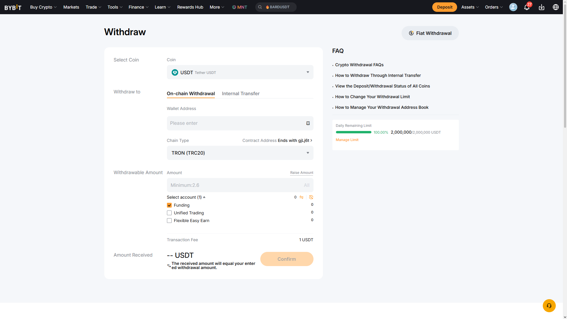 Crypto widthdraw process