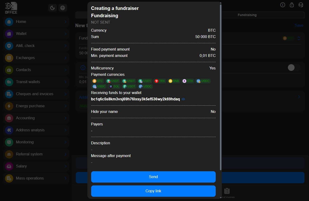 Invoice and inline commands for crypto donations