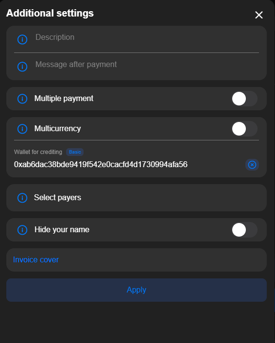 Settings for crypto payments