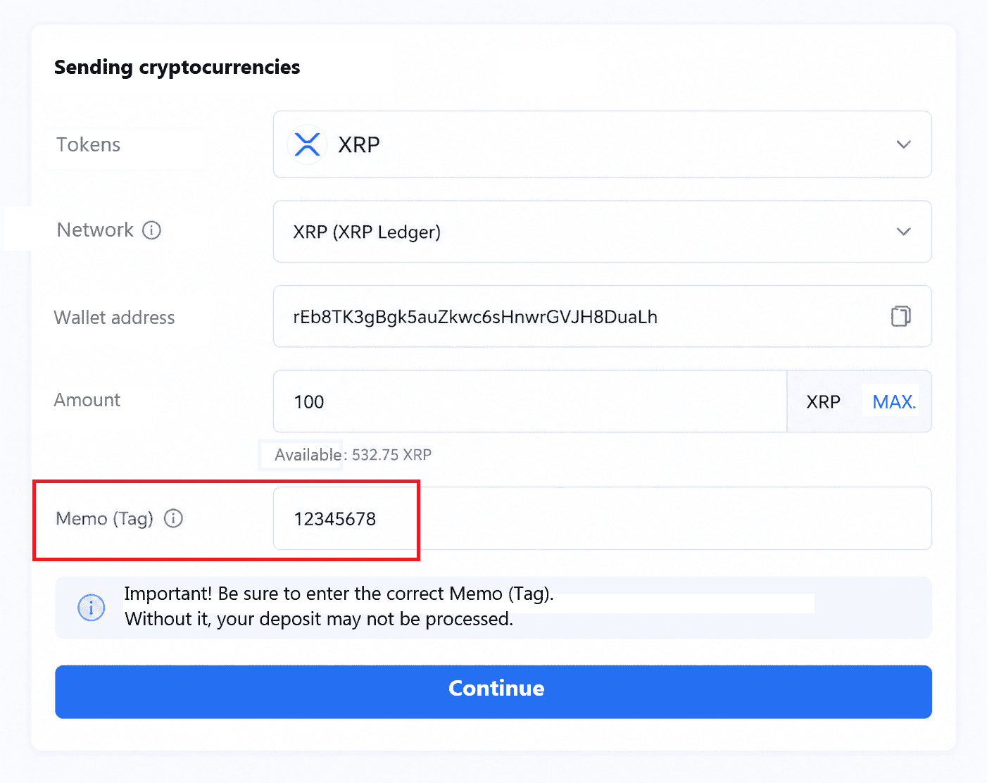Memo tag in crypto wallet